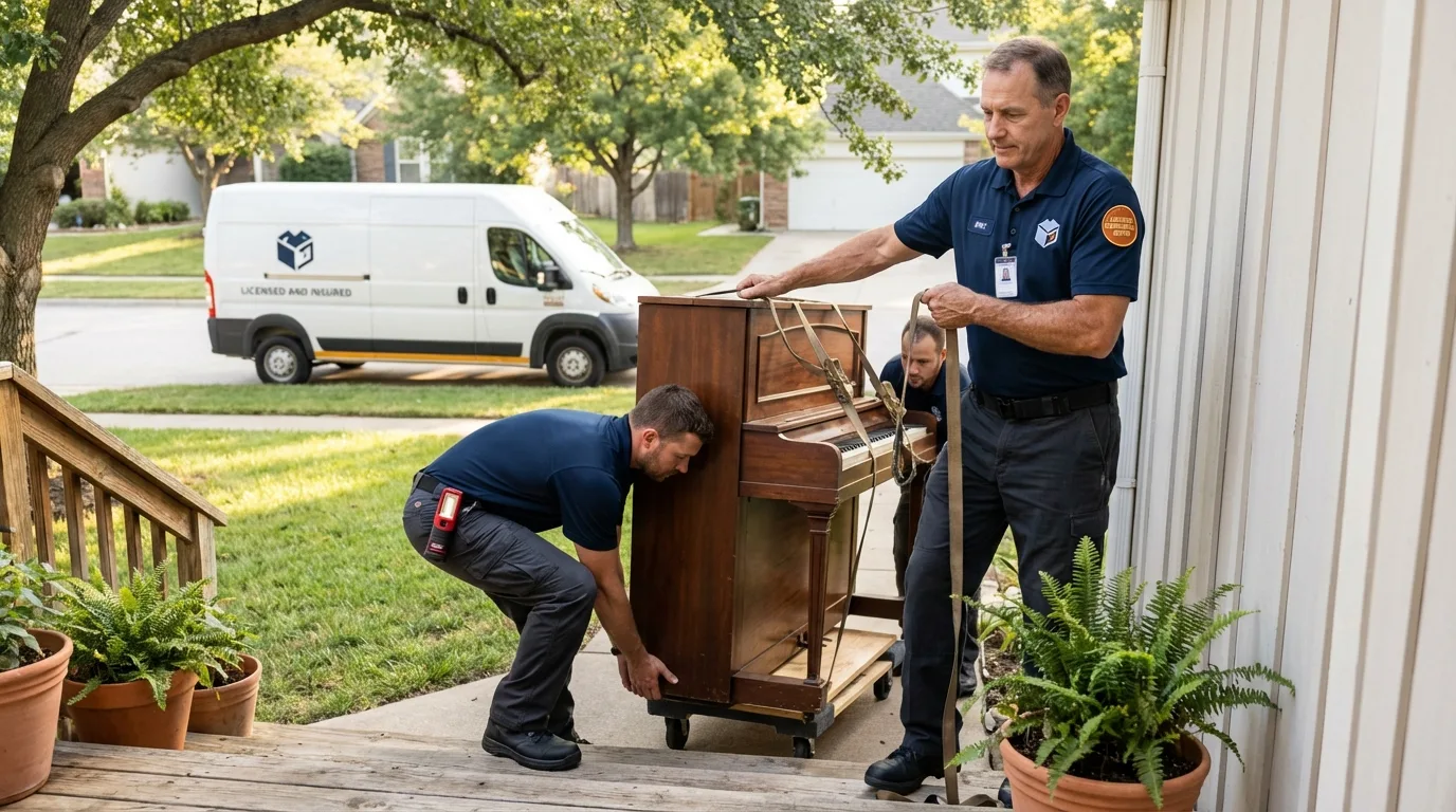 Licensed piano movers securing grand piano in Herriman, UT